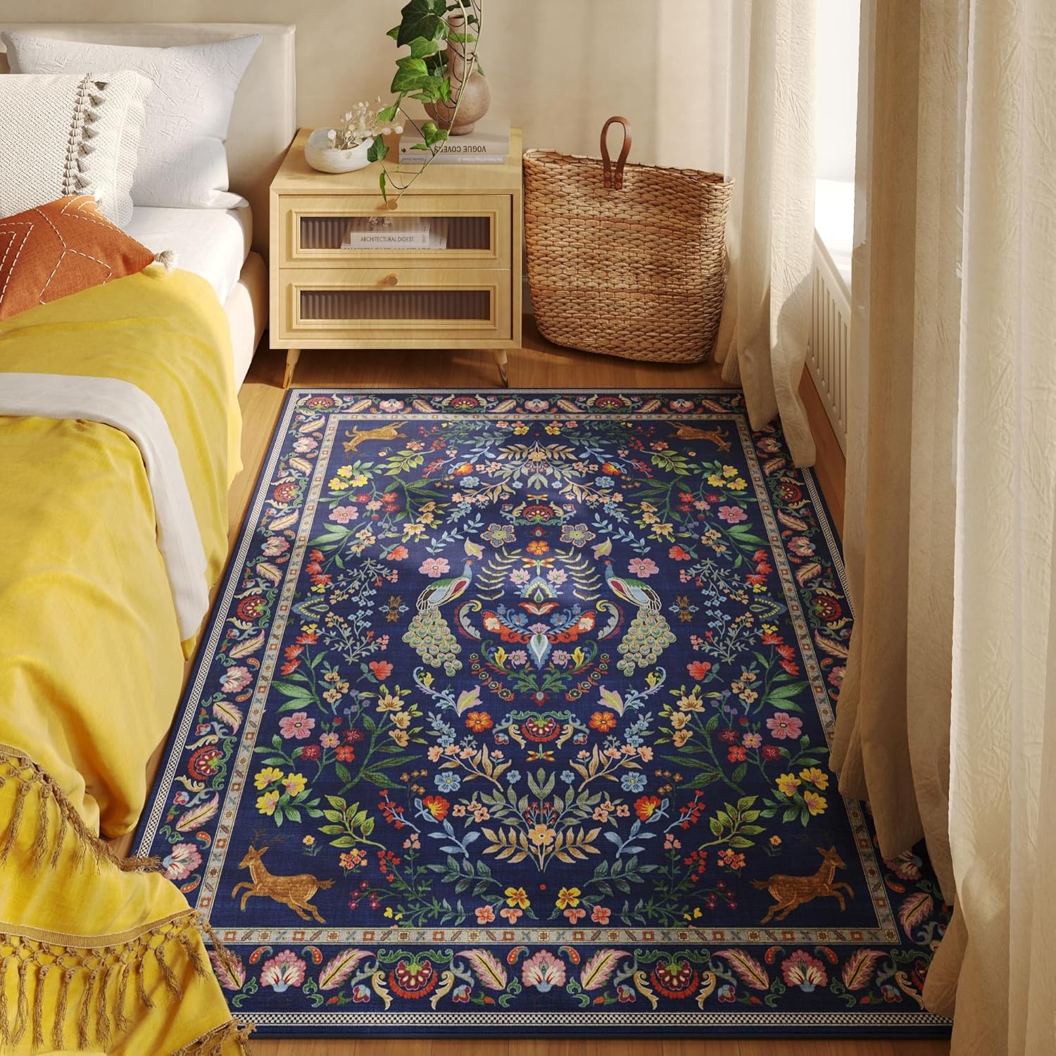 Navy Peacock Deer Floral Area  - Retro Gaming Rug ulasan dan harga