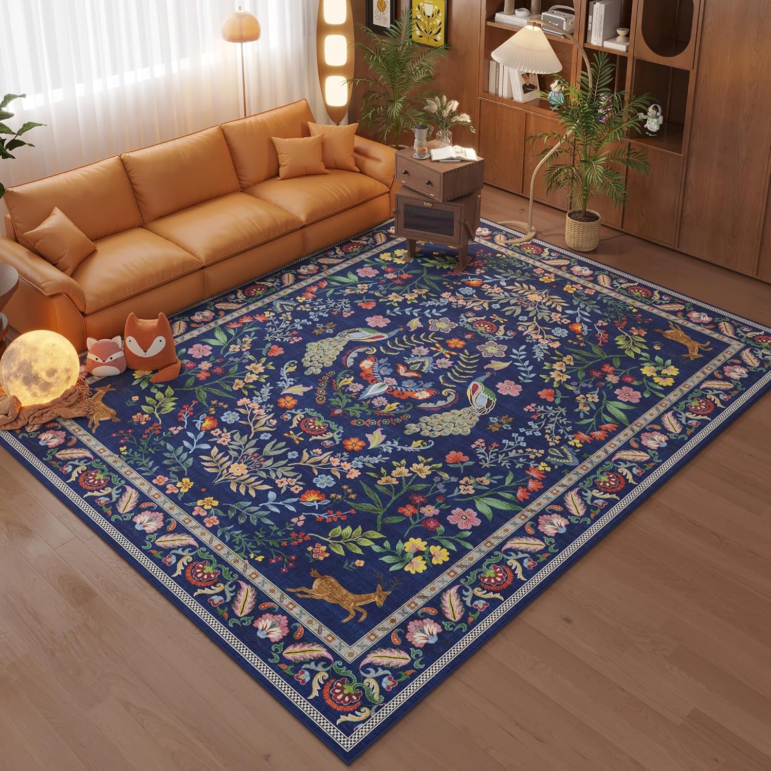 Navy Peacock Deer Floral Area  - Retro Gaming Rug ulasan dan harga